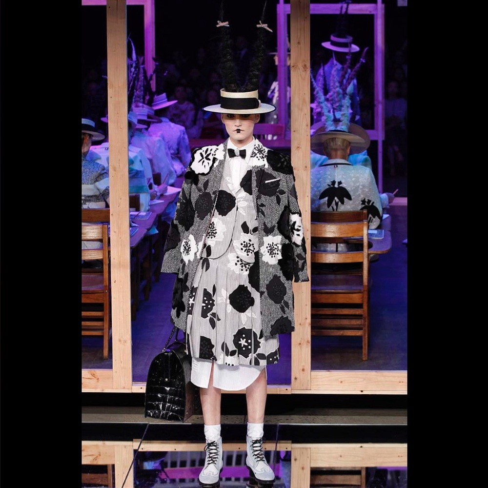 Thom Browne S/S 2016 Stripe Embroidered Floral Appliqué Wool Blazer Jacket